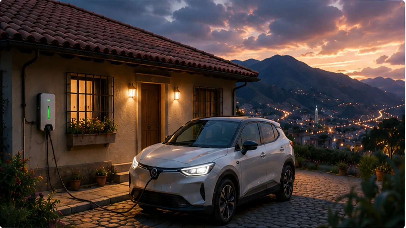 An Andean house at dusk with a wall-mounted charger beside the front door and an electric car plugged in on the drive, city lights and mountains in the valley below