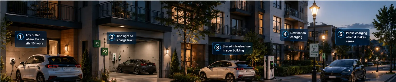 A street of apartment buildings at dusk showing five charging situations side by side: a car on a driveway plugged into a wall socket, a car in a garage bay, a car beside a shared parking charger, a public charging post under a street lamp, and a car parked on the street