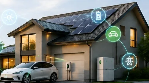 A modern home with rooftop solar panels, a wall-mounted EV charger, a home battery and an electric car in the driveway