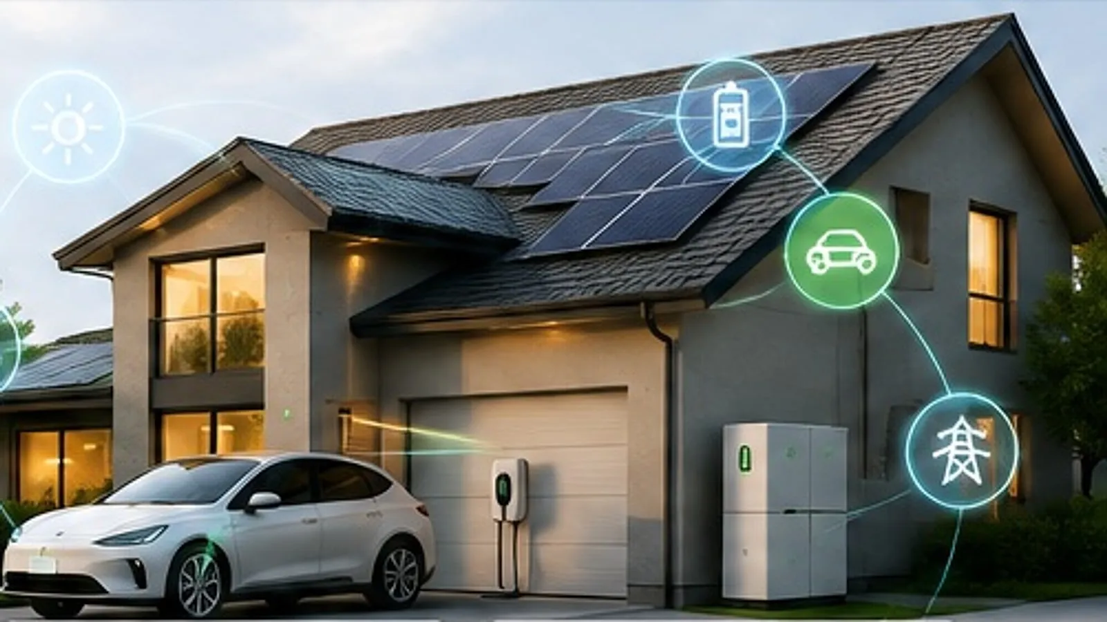A house at dusk with rooftop solar panels, a white electric car on the driveway, a wall-mounted charger by the garage and a battery unit against the wall, linked by glowing icons for sun, battery, car and grid